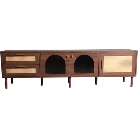 TV-Lowboard 180 cm Braun mit 2 Rattanschubladen, 2 Glastüren und LED (1/5)