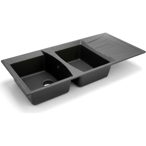 Évier de cuisine 2 Bacs en Granit Noir Métallique et kit de vidage complet - 116 x 50 cm