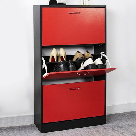 Scarpiera 3 Ante Ripiani Doppia Profondità con Maniglia Rosso e Nero 63x24x115cm (1/5)
