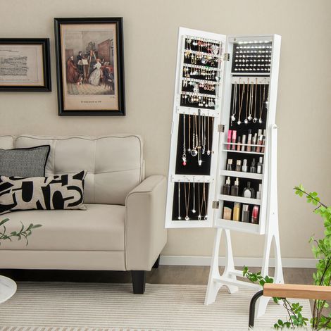 Armoire à Bijoux sur Pied, 12 LED, Doublure en Velours, Angle Réglable, 36x33,5x154,5 cm, Blanc CW54055 (1/3)