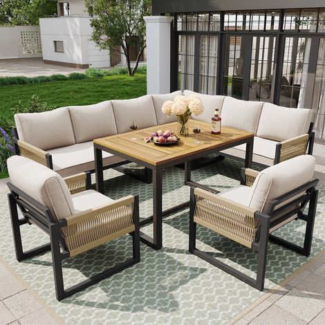 Conjunto de jardín modular de metal y poliéster beige, 7 plazas con mesa, cojines de 8 cm y diseño flexible (1/5)