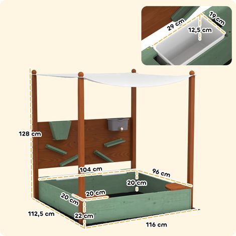 Bac à sable avec pare-soleil pour enfants, 2 bacs de rangement, 116 cm (L) x 112,5 cm (l) x 128 cm (H), bois de sapin, plastique, vert (1/5)