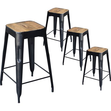 STEVE - Lot de 4 Tabourets Industriels Bois et Acier H64cm (1/4)