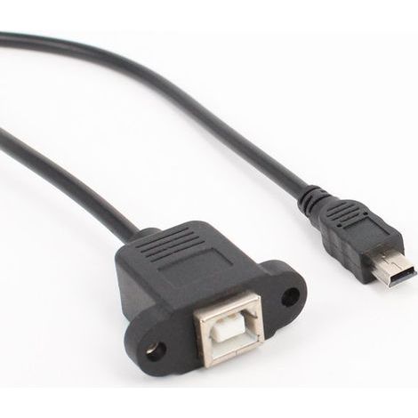 Adaptateur Mini 5P vers USB 2.0B femelle pour imprimante, avec connecteur femelle et cosse à œillet. Le câblage comprend un écrou pour une fixation jusqu'à 0,5 mètre. (1/5)