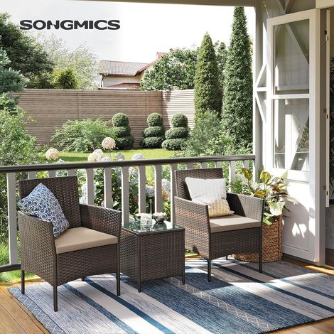 Songmics – Salon de jardin 3 places en acier et polyéthylène tressé – Table en verre trempé – Coussins amovibles et lavables – Marron et taupe (1/5)