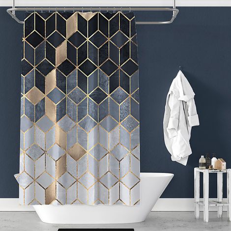 Rideau de douche à motifs géométriques, 180 x 200 cm, anti-moisissure, imperméable, en textile lavable. Tissu polyester avec 12 anneaux. Rose.