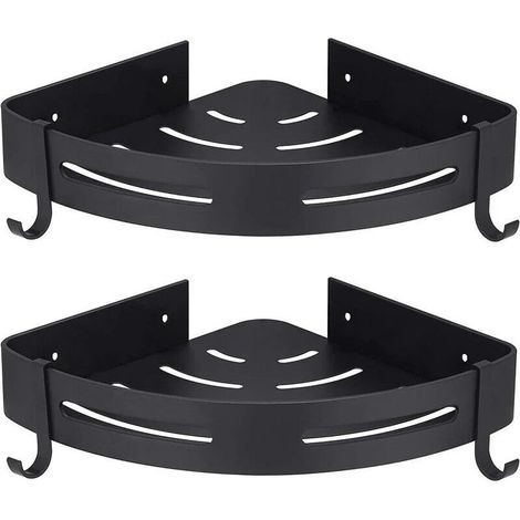 Support de douche d'angle sans perçage, lot de 2, avec crochets, noir, rangement de salle de bain, accessoires de salle de bain, porte-savon, support de douche, sans perçage (1/4)