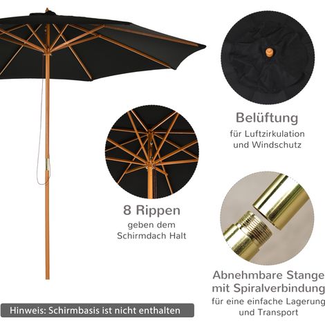 Parasol bois Ø 300 cm, ombrière UV stable pour balcon, plage, terrasse et jardin, noir, protection solaire idéale pour extérieur. (1/4)