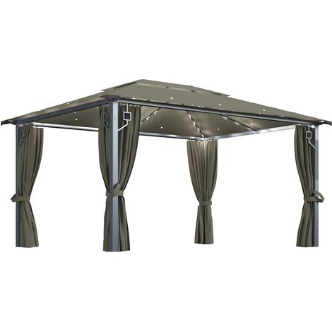 vidaXL Cenador con cortina y tira de luz LED aluminio taupé 400x300cm (1/2)