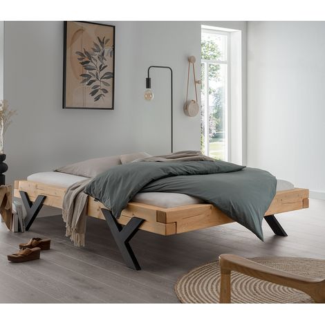 Massivholz Doppelbett, 160x200 cm, Fichte massiv, ohne Kopfteil, schwarze Beine in Y-Form, UPPSALA-137, B/H/T ca. 178/42/228 cm (1/2)
