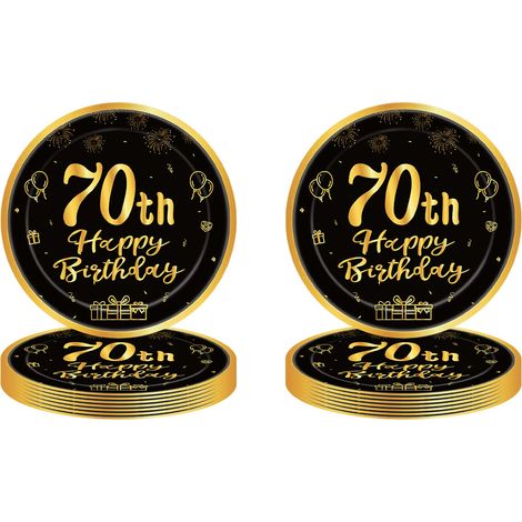 16 PCS Assiette Jetable 9 Pouces,Assiette Anniversaire Noir Gold,Decoration Anniversaire 70 Ans,Assiette Dessert Jetable pour Fêtes Joyeux Anniversaire Decoration,Kit Vaisselle Jetable Anniversaire (1/5)