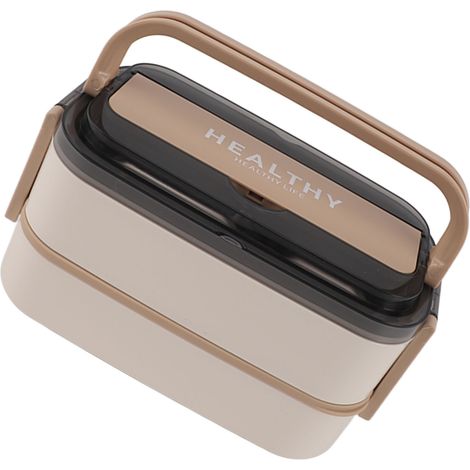 Boîte à bento double compartiment en acier inoxydable 316, boîte à lunch portable avec couverts, idéale pour le travail, l'école ou le bureau, 1400 ml, couleur crème abricot (1/5)
