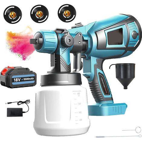 Spritzpistole, 1000ml HVLP Akku Spritzpistole, Airless Spritzpistole+5.5Ah Akku+Ladegerät, kompatibel mit Makita Batterie