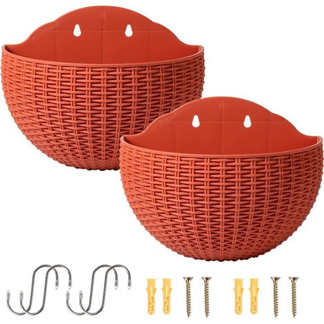 Wandgemonteerde hangende plantenbakken, 2 stuks halfronde plastic bloempot plantenmand met afvoer en 4 haken, 4 schroeven voor tuin, terras, balkon, hek (baksteenrood) (1/5)