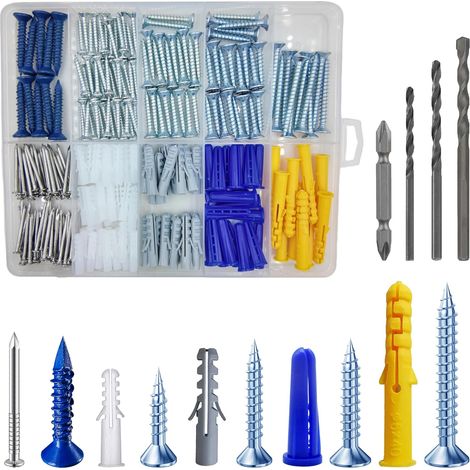 Kit de 274 tacos de plástico para placas de yeso con tornillos, para paredes de hormigón, ladrillo y cemento. (1/4)
