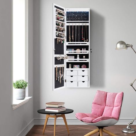COSTWAY Schmuckschrank mit LED, Ganzkörperspiegel, hängend, abschließbarer Wandschrank, Spiegelschrank, platzsparender Schmuckorganizer, Weiß (1/5)