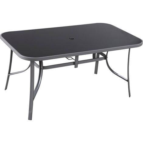 Habitat Et Jardin – Table de jardin en acier argenté – Plateau en verre 150 x 90 cm – 6 places – Résistante aux UV et à l'eau – Design industriel