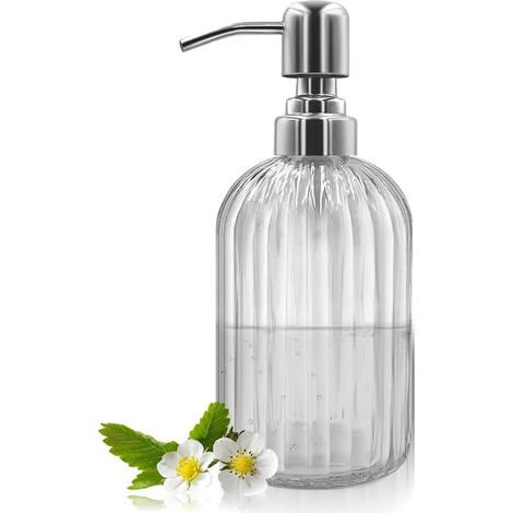 Distributeur de Savon en Verre 304 g avec Pompe en Acier Inoxydable Rechargeable pour Salle de Bain, Cuisine, Plan de Travail, buanderie (Transparent) (1/5)