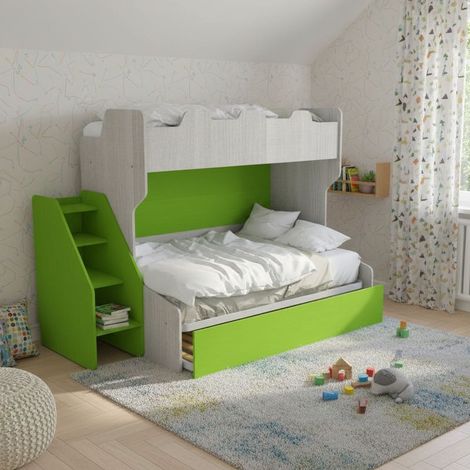 Letto a castello 3 posti con terzo letto estraibile e scaletta contenitore - Una piazza e mezza - Rovere rock e Verde mela