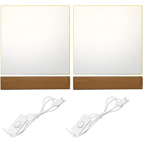 Lot de 2 bases rectangulaires en bois avec éclairage USB et 2 feuilles acryliques transparentes (lumière chaude) - 15 cm (1/5)