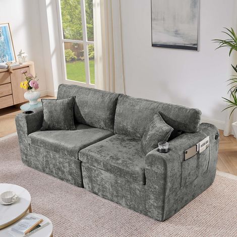 Canapé 2 places, tissu chenille, équipé d'une poche latérale pour magazines, d'un porte-gobelet et de coussins, pour petits espaces, gris (1/5)