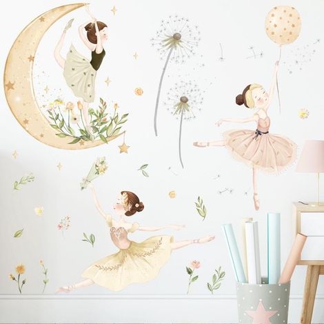 Lot de 2 stickers muraux adhésifs lune et étoiles aquarelle, décoration chambre enfant danse ballet, autocollants de mur pissenlit pour pièce de princesse (1/5)