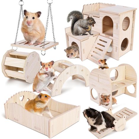 Lot de 7 jouets pour hamster - Accessoires pour hamster - Jouet à mâcher en bois pour cochon d'Inde - Roue de hamster - Balançoire - Maison pour gerbilles, rats, hamsters nains, chinchillas (1/5)