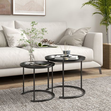 Set aus 2 runden, ineinander schiebbaren Couchtischen mit abnehmbaren Tischplatten, Industriestil, aus Stahl, Ø 43 und Ø 35 cm, schwarz