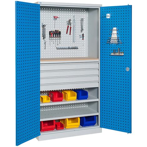 Armoire de rangement acier - 4 tiroirs, 1 tablette bois et 2 étagères charge 150kg/niveau - Dim. 1950x1000x500mm - W030080006-GCBI (1/5)