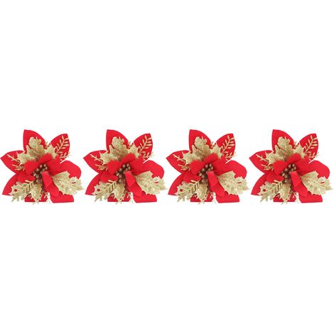 4 pièces Fleurs Artificielles pour Sapin de Noël Poinsettia Rouge et Doré à Paillettes avec Poudre Dorée (1/5)