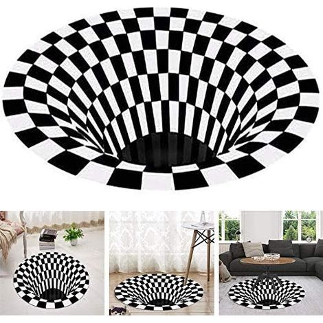 Tapis rond 3D illusion noir et blanc – Velours super doux – Design géométrique – Confort optimal pour salon, chambre, bureau (1/4)