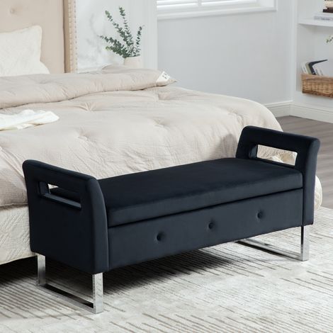 Pouf contenitore imbottito in velluto nero con braccioli, seduta extra per soggiorno e ingresso