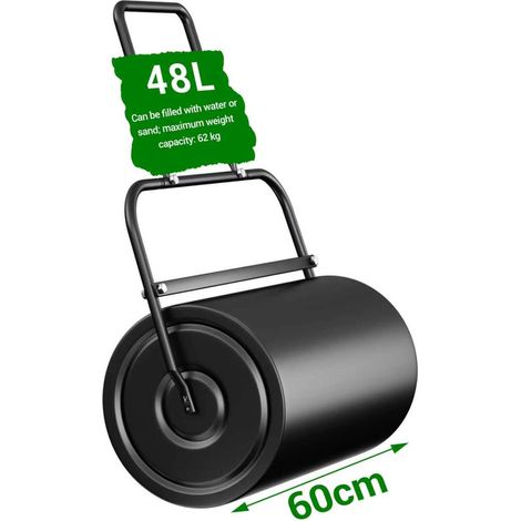 Rouleau à gazon 60 cm 48 L – Remplissable eau/sable, avec bouchon de vidange et raclette, pour compactage de pelouse