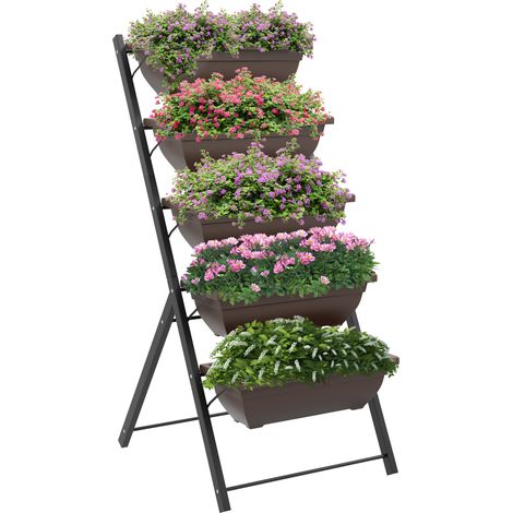 Hochbeet mit mehreren Ebenen, 5 Blumenkästen mit Abflusslöchern, braunem Stahlrahmen, vertikaler Gemüsegarten für Balkon und Garten, platzsparend.