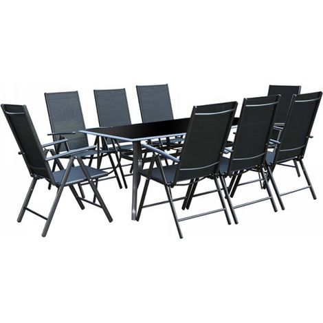 Aluminium  8 Stühle + Duo Liegestühle Textilene Schwarz RIMINI