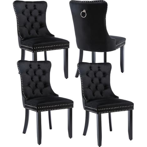 Samt Esszimmerstühle 4er Set mit hoher Rückenlehne, Nieten und Massivholzbeinen, Schwarz (1/5)