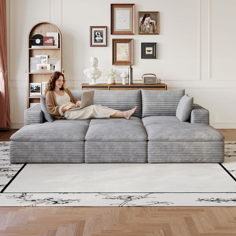 Canapé Cloud de 260 cm en velours côtelé, conception à double couche, housse amovible, pas d’assemblage requis – idéal pour salon, chambre, salle de conférence et appartement, couleur gris foncé. (1/5)