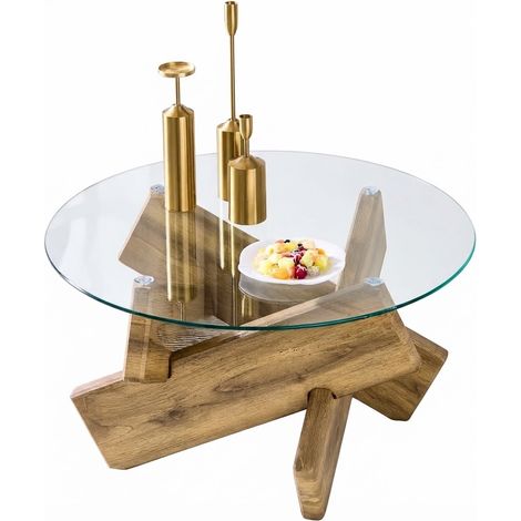 ELVMI Tavolino da Caffè Rotondo con Piano in Vetro e Base Incrociata, Effetto Legno, MDF e Vetro, Trasparente (1/5)