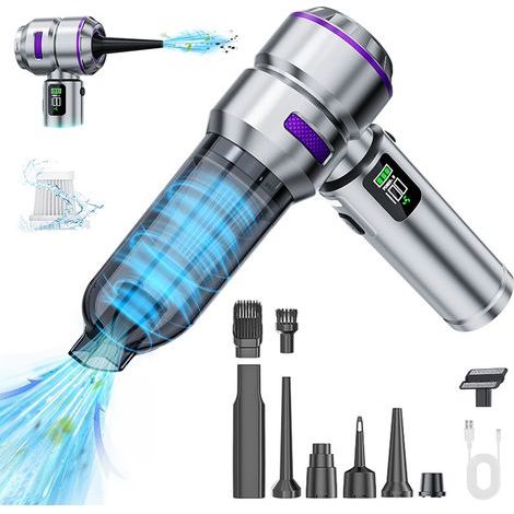 Aspirateur à main sans fil avec charge rapide USB – 17000 Pa, écran digital, lumière LED – Mini aspirateur puissant pour voiture, maison, PC, cuisine, fissures et coins – Peut servir de pompe à air et (1/3)