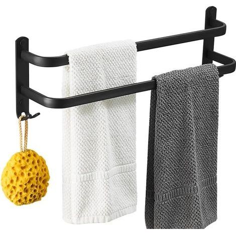 Porte Serviette Salle de Bain, 2 Barres Porte Serviette Adhesif en Space Aluminium, Étagère Porte Serviette Murale Noir avec Crochets pour Salle de Bain Cuisine Hôtel Toilettes 40cm (1/5)