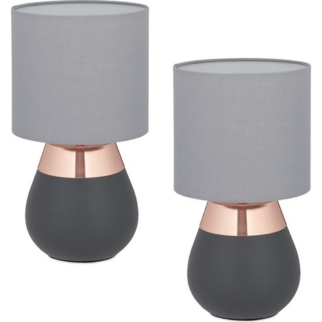 Relaxdays Tischlampe, 2er Set, Metallfuß, Stoffschirm, E14, H x D: 32 x 18 cm, Nachttischlampe mit Kabel, grau/kupfer
