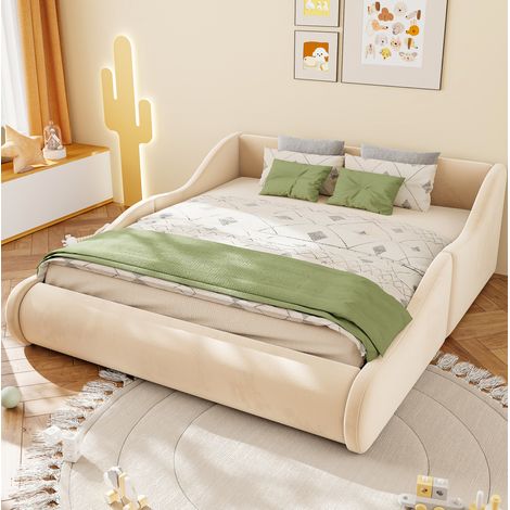Cama matrimonial 140x200 cm con barandillas laterales y cabecero alto, estructura estable, tapizada en terciopelo beige (1/5)