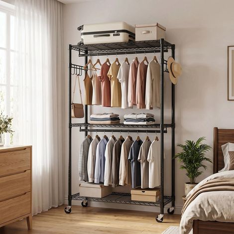Portant à vêtements roulant, robuste et facile à transporter, avec étagère métallique réglable à 3 niveaux, 2 barres de suspension et crochets latéraux, organisateur de placard portable, noir (1/5)