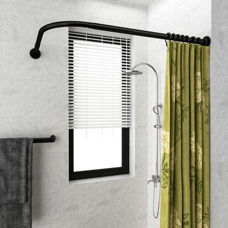 Tringle à rideau de douche d'angle, réglable en acier inoxydable, en forme de L, adaptée aux baignoires, perçage requis (noir, 150-180 cm)