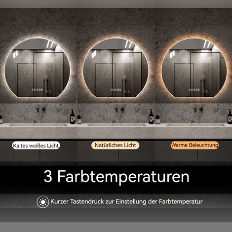Miroir mural LED rond 80cm avec éclairage, salle de bain et chambre, anti-buée, 3 températures de couleur réglables et variateur d'intensité, miroir de maquillage moderne pour décoration intérieure. (1/5)