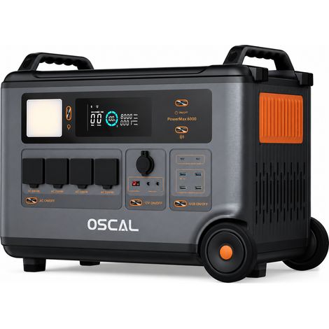 Station d’énergie portable OSCAL PowerMax 6000 – Batterie LiFePO4 3600 Wh, sortie 6000 W, UPS, recharge solaire, maison et camping-car (1/5)