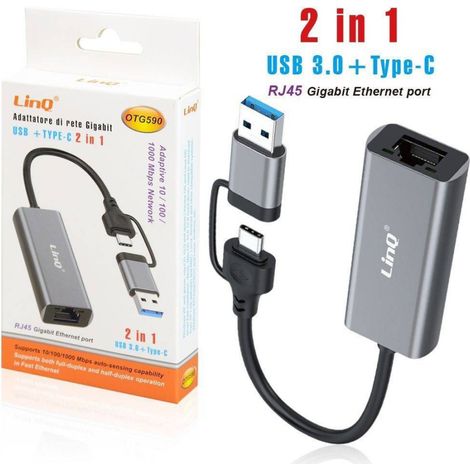 Trade Shop - Adattatore Di Rete Gigabit Ethernet Porta Rj45 2 In 1 Usb 3.0 + Type-c Otg590 -
