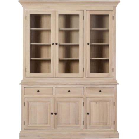 Hellin – Vaisselier en chêne massif blanchi 3 portes vitrées – 3 tiroirs – Finition élégante et durable – Dimensions L 152 x P 42 x H 210 cm (1/5)