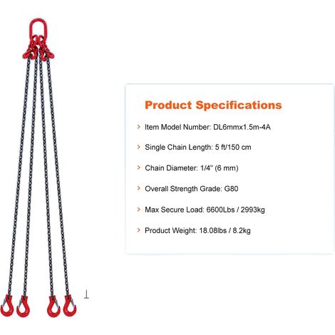 Sling à chaîne de longueur réglable, capacité de charge de 11 000 lbs, 5ft 6mm (1/2)