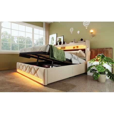 Lit double rembourré 140200, tête de lit avec rangement, port USB et Type C, fonction LED 360° tout autour de la tête et du pied du lit, lit avec rangement hydraulique, beige, lin (avec matelas) (1/5)